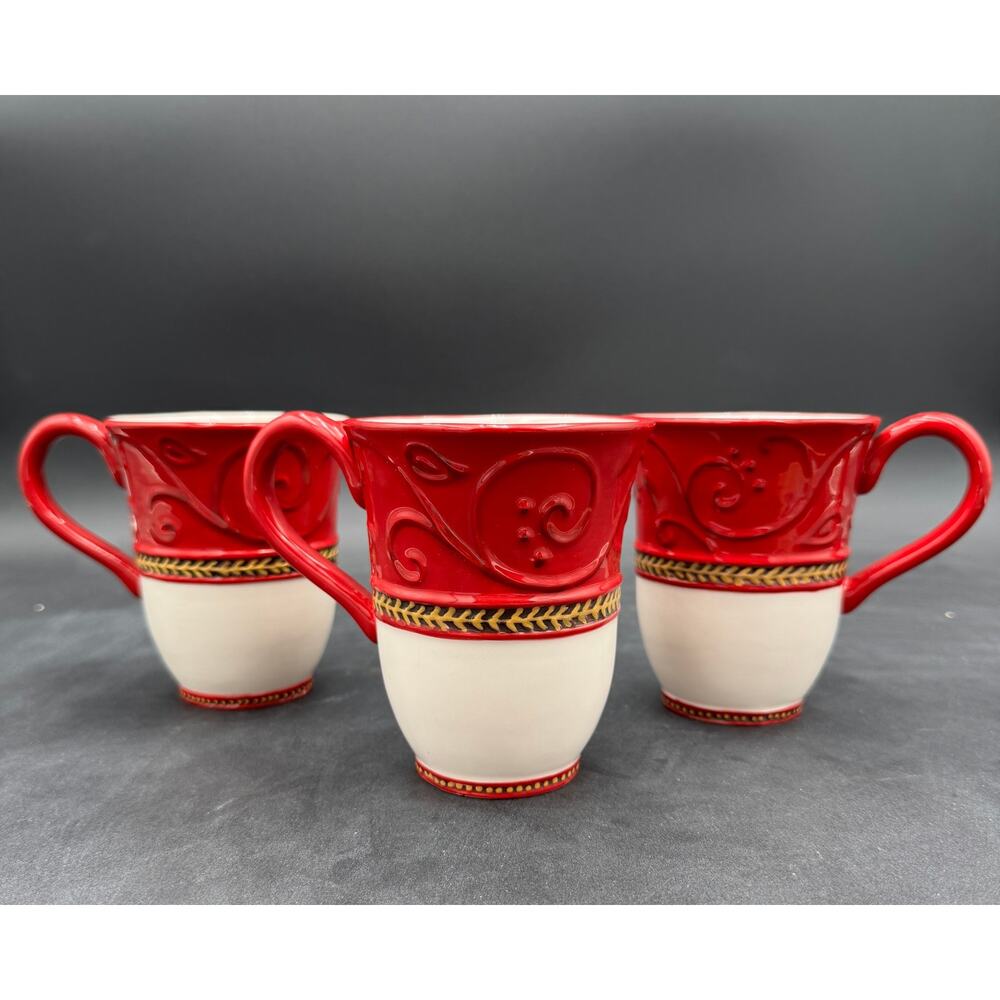 Fitz and Floyd Damask Holiday Mugs Christmas Set of 3